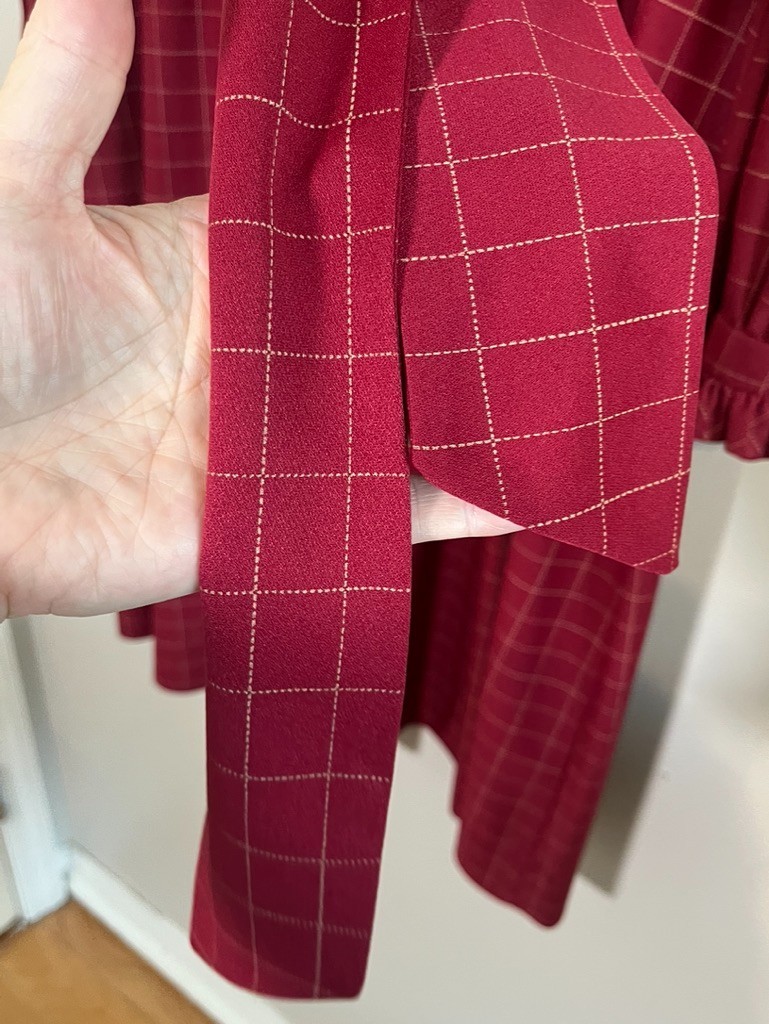 Vintage Handmade Houndstooth Ruffle Neck Dress Red 22 Festive Holiday Preppy Mod
