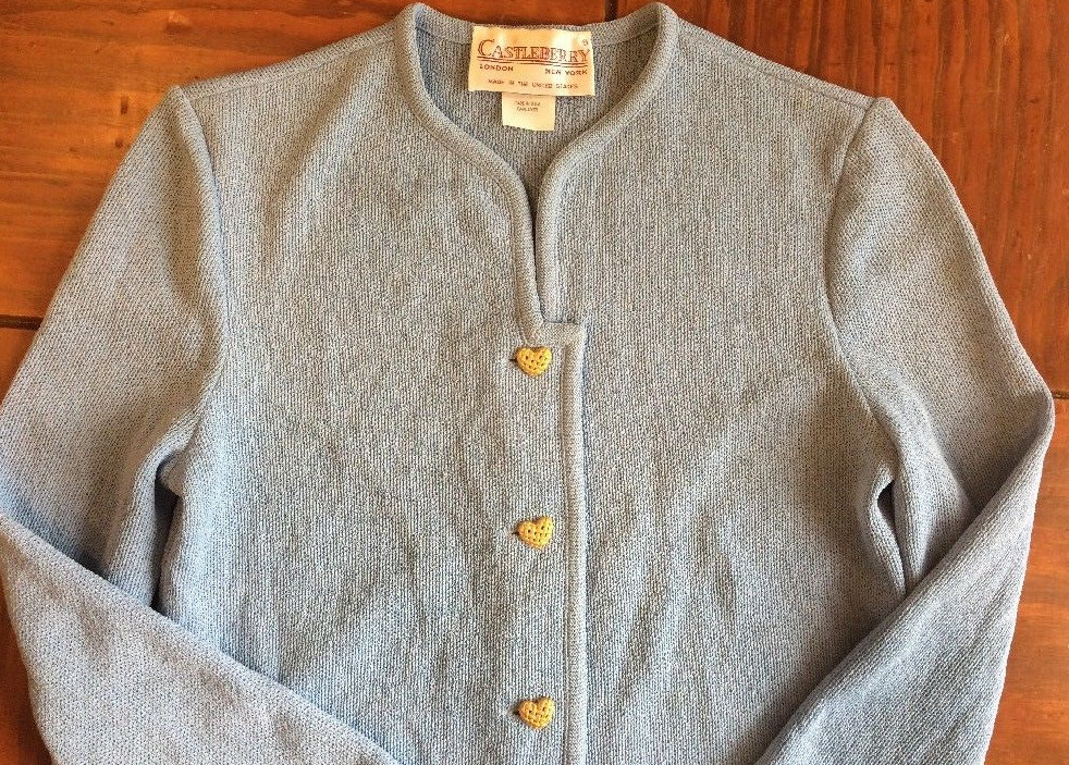 VINTAGE1970s 80s CASTLEBERRY KNIT JACKET BLAZER BLUE SIZE 8 GOLDEN HEART BUTTONS