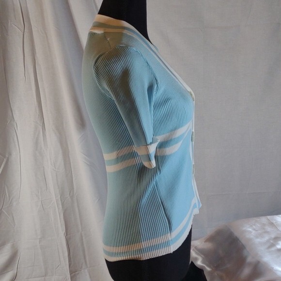 Vintage 70’s Light Blue w/White Stripes Short Sleeve Cardigan w/ Faux Tank – M