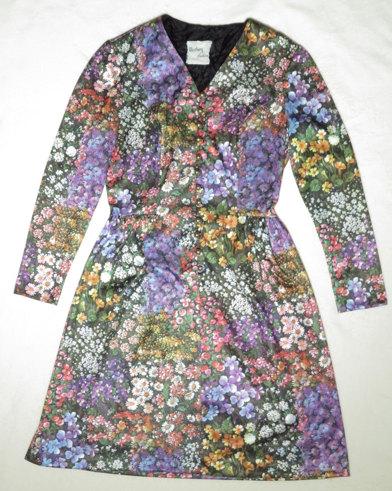 Vintage 1970s Floral Dress Polyester Garden Print Long Sleeve Westbury Fashions