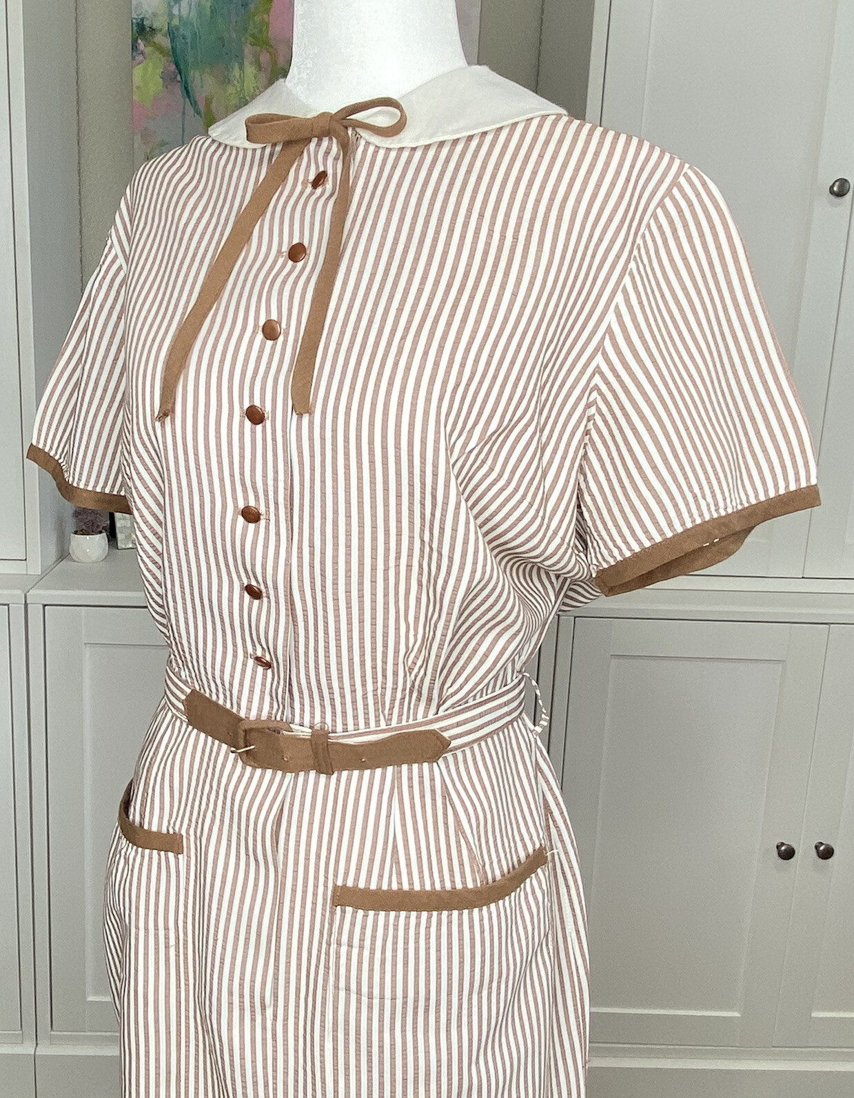 1950s Aldens Fashions Vintage Seersucker Striped Dress Medium NOS Malt Shop
