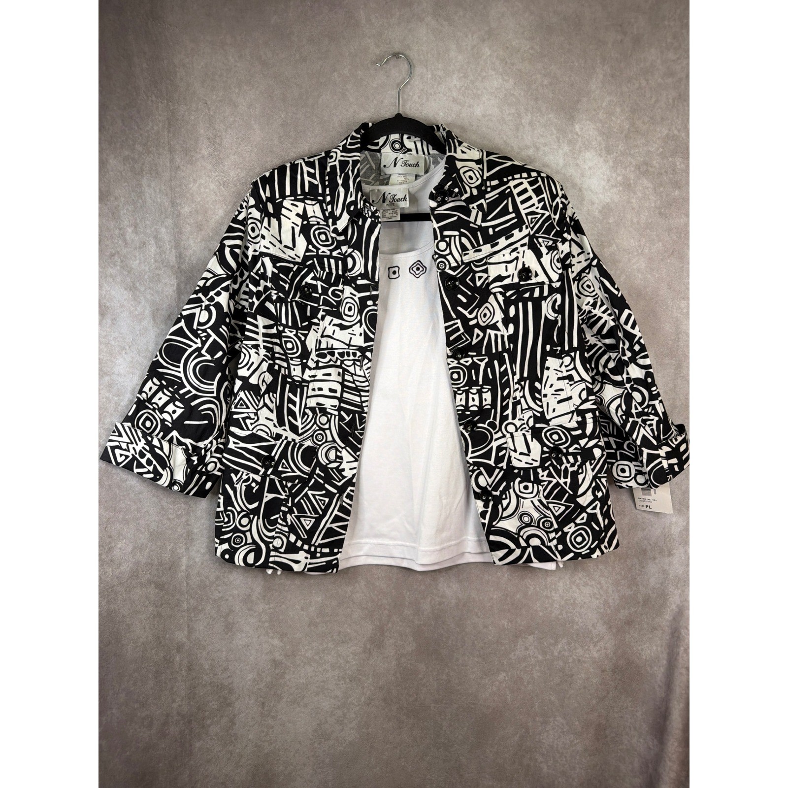 NWT VTG N Touch Jacket Set Women PL White Black Abstract 2pc Shell Petite