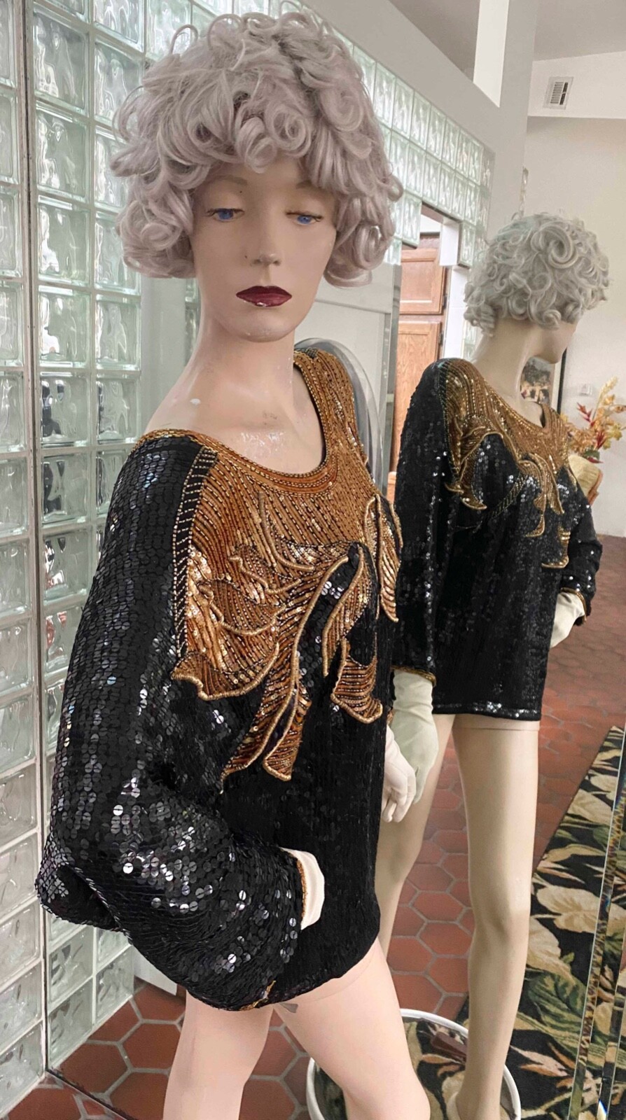 Judith Ann Creations Sequin Beaded 100% Silk Black Gold Top Evening sz L VTG 90s
