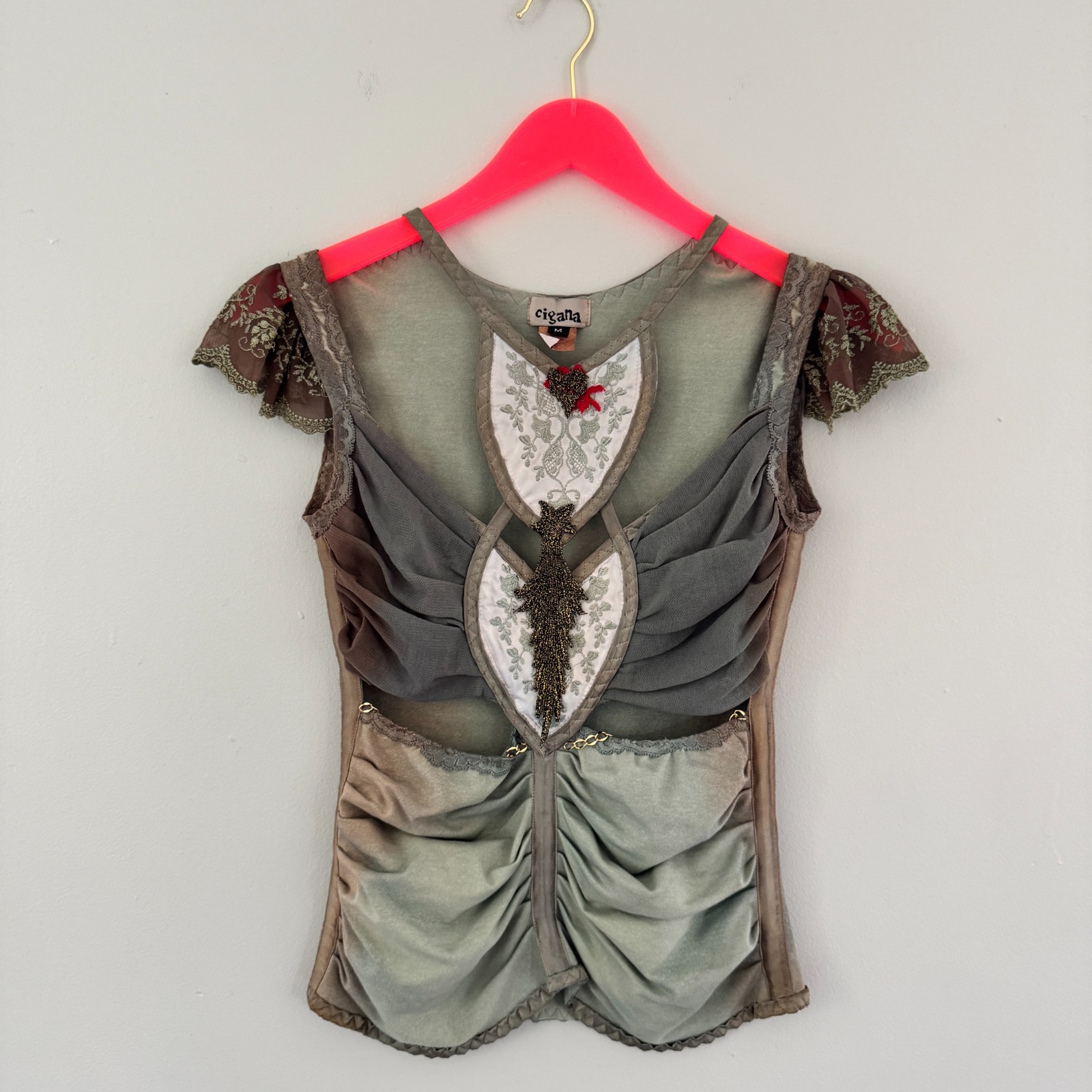 Y2K vtg CIGANA Lace Chain HANDMADE Corset Slip CUT-OUT Upcycled Tank Top Gypsy M