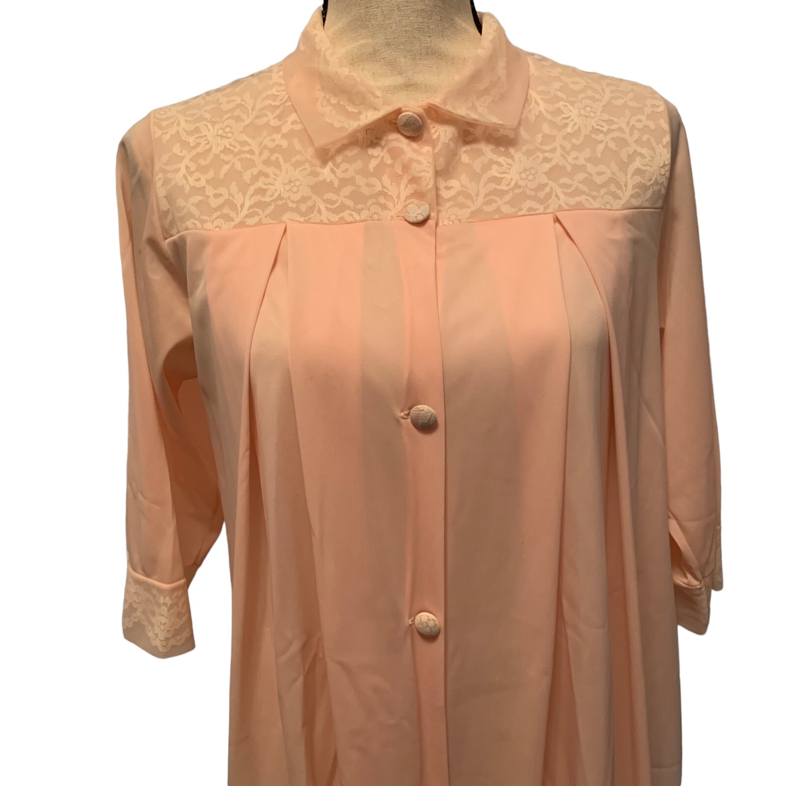 Herson Kickernick Robe Womens Medium Nylon Dusty Pink Lace 1/2 Sleeve Button VTG