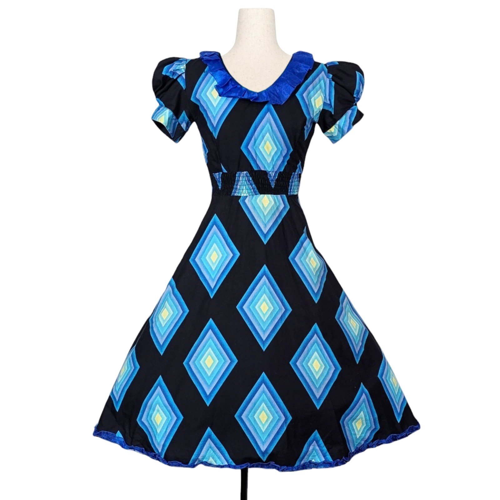 1980s Swing Dress 80s Vintage Midi Fit N Flare Diamond Print Blue Black XXS Vtg