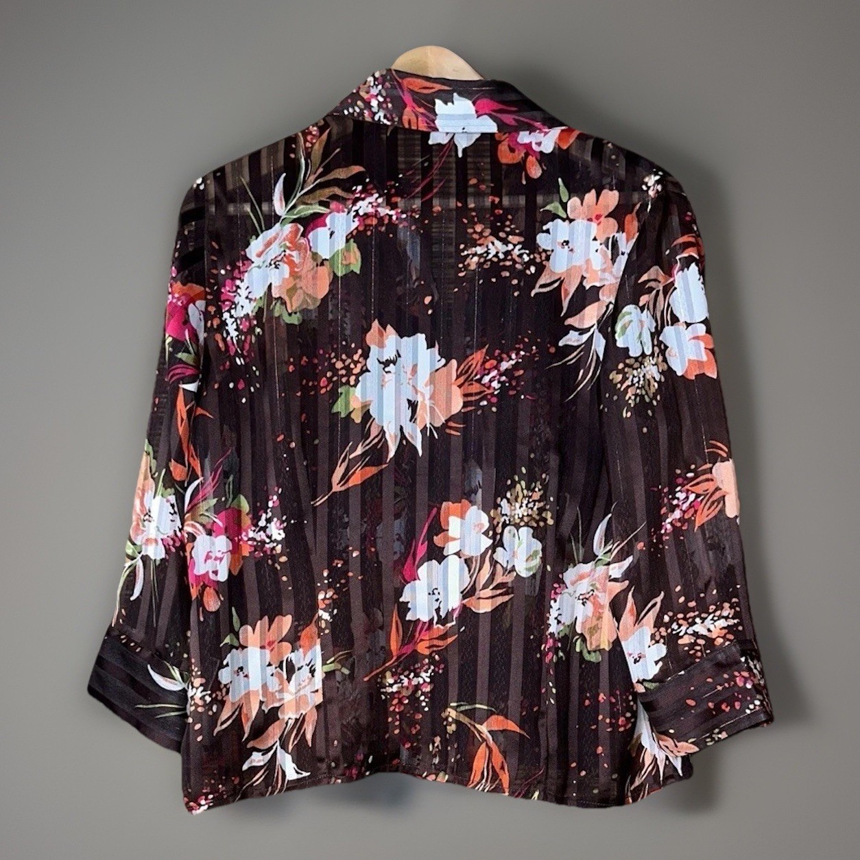 Vintage Jaipur Women’s Blouse Brown Sheer Floral 3/4 Sleeve Rose Gold M