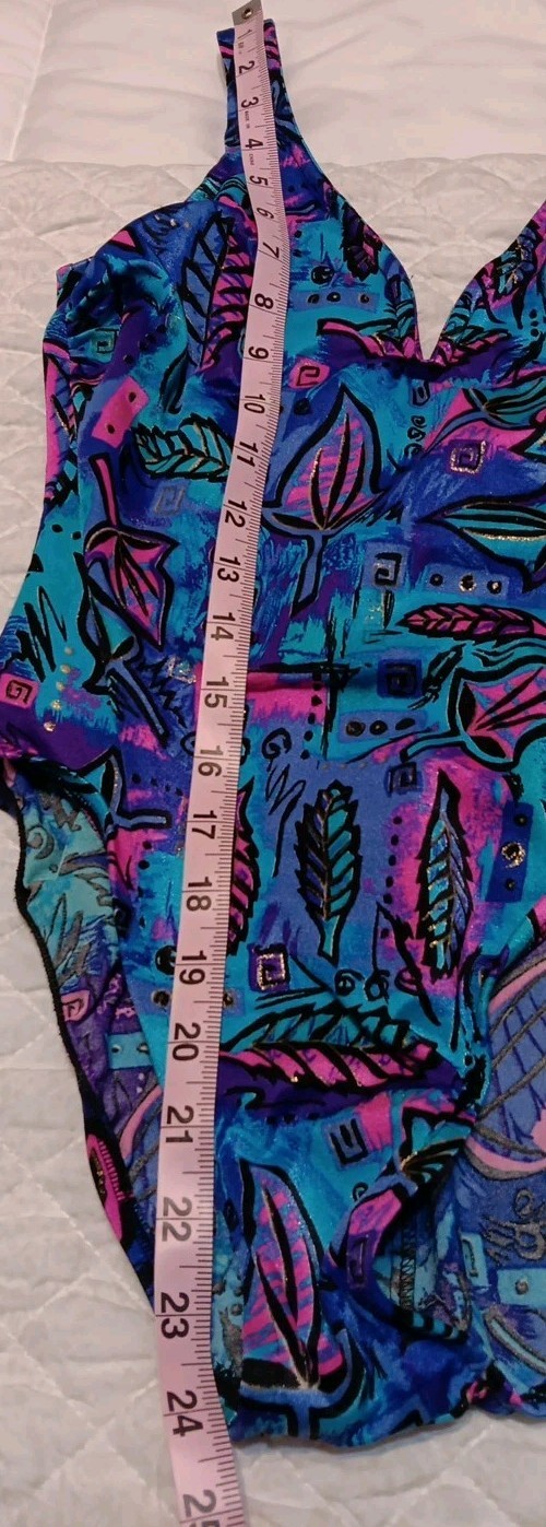 Vtg Jantzen One-Piece Swimsuit, Size 8, Colorful 80s Design, USA, Teal, Purple