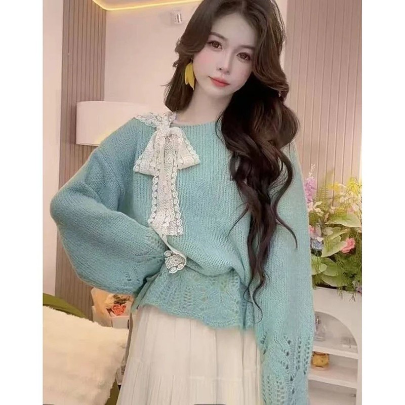 Japanese Sweet Girls Womens Bow Sweaters Jumpers Lolita Cute Princess Shirts