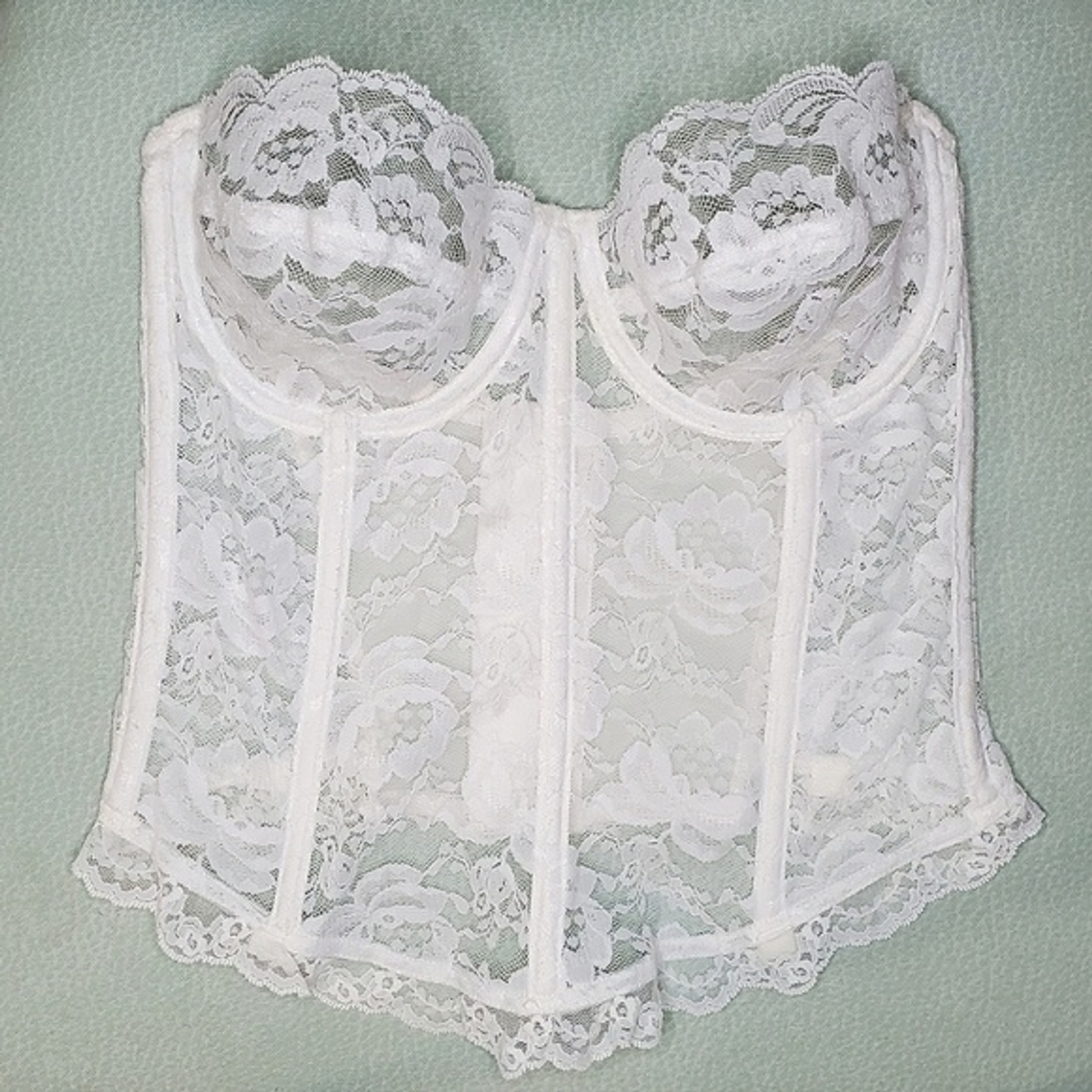 Vintage 90s Jezebel White Lace Lingerie Sheer Bridal Floral Corset Ruffle 34 B