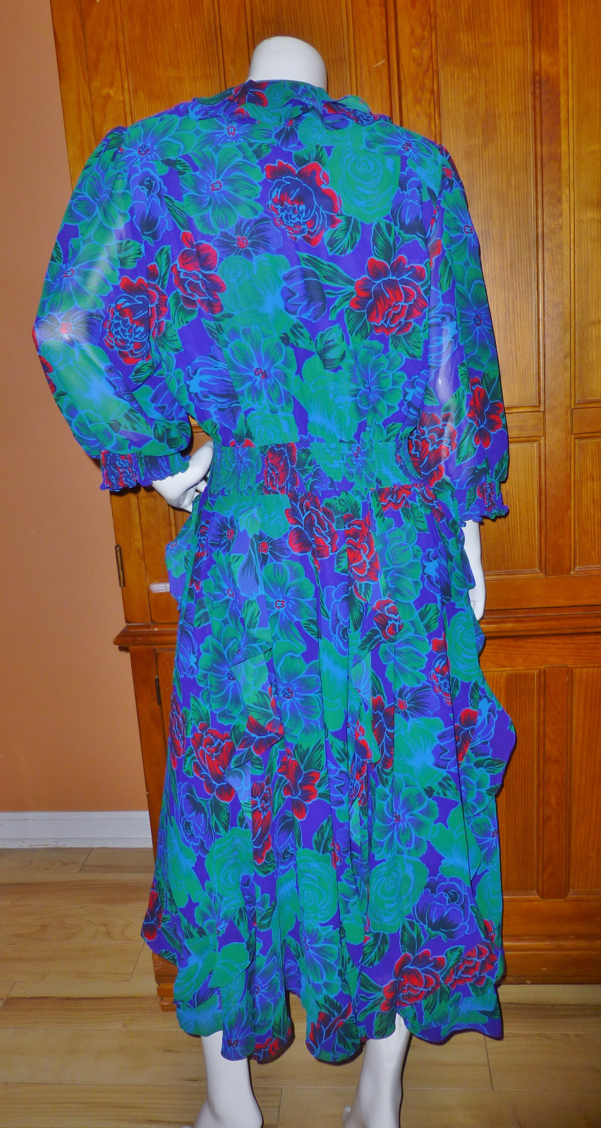 Vtg 80s Floral Georgette Freis Style Sequins Ruffles Boho Hippie GIPSY DRESS XL