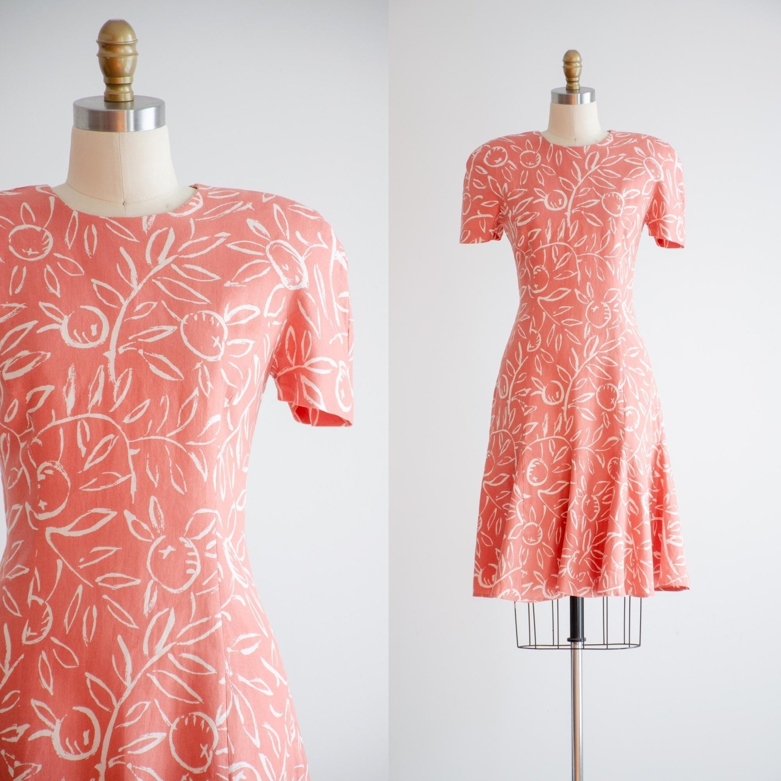 pink linen dress 80s vintage orange terra cotta fruit pattern mini dress