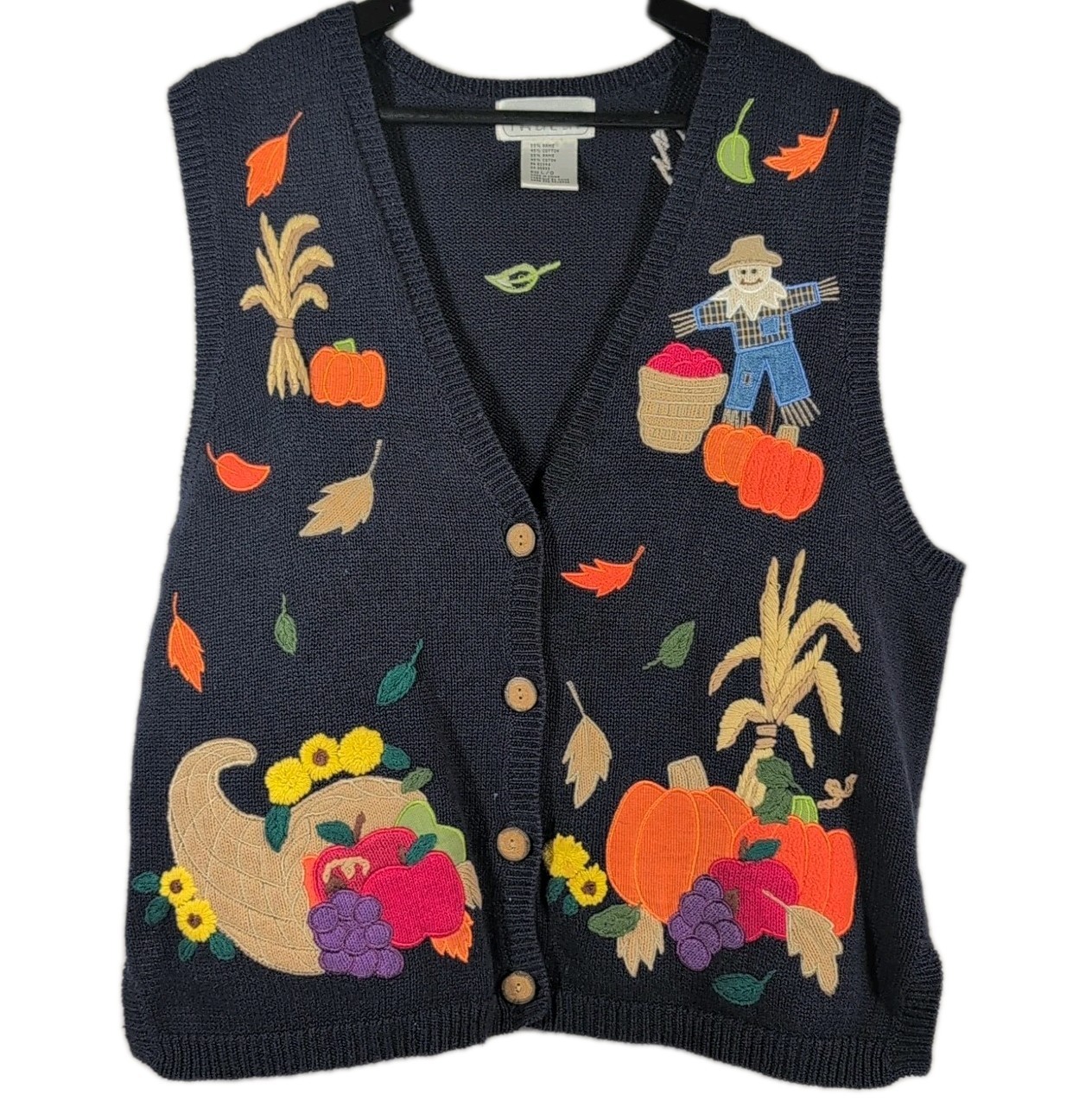 Vintage 90’s Mandal Bay Sz L Blue Knit Sweater Vest Scarecrow Pumpkins Harvest