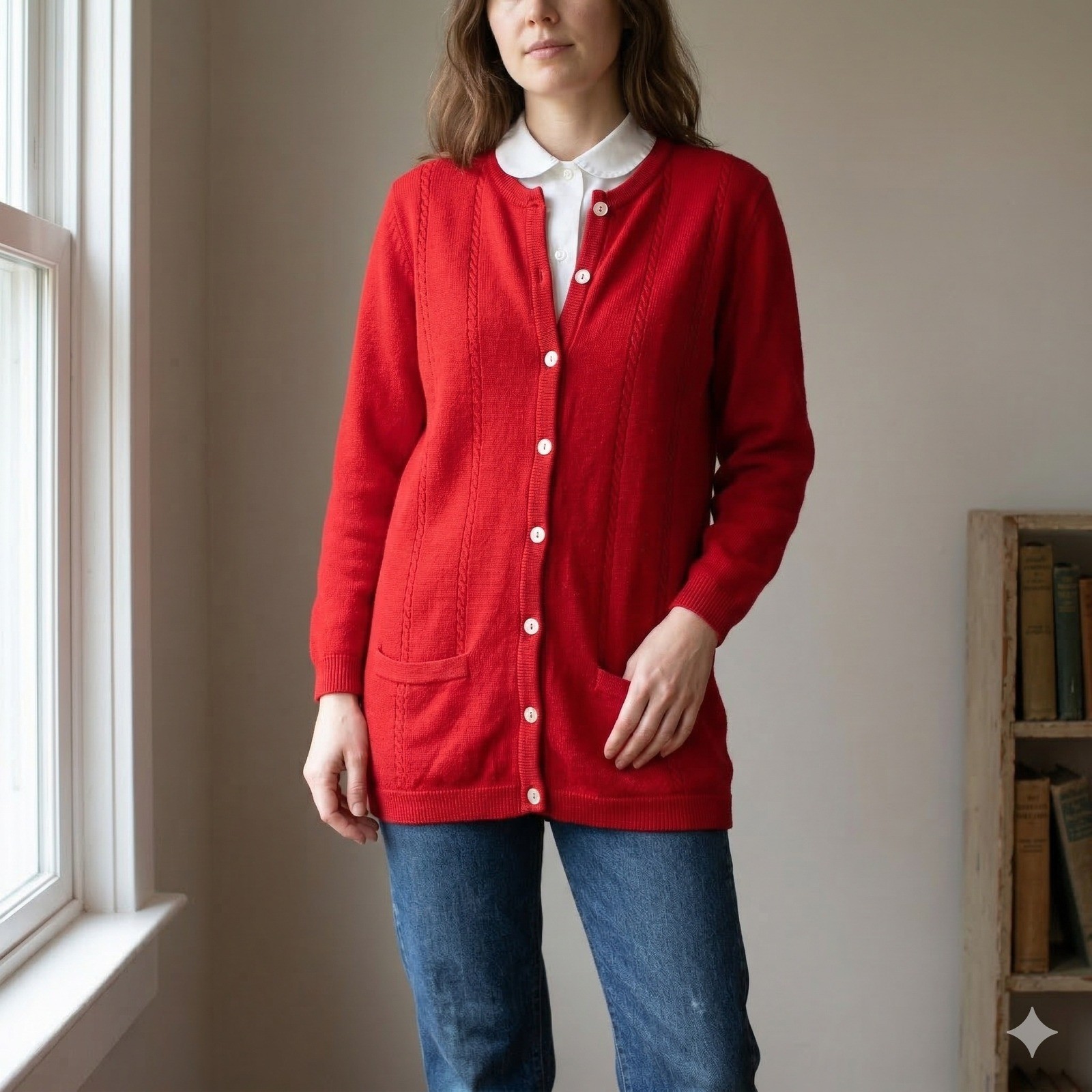 Vintage Mac Elton Cardigan Womens 38″ Large Red 100% Lambswool Buttoned Sweater