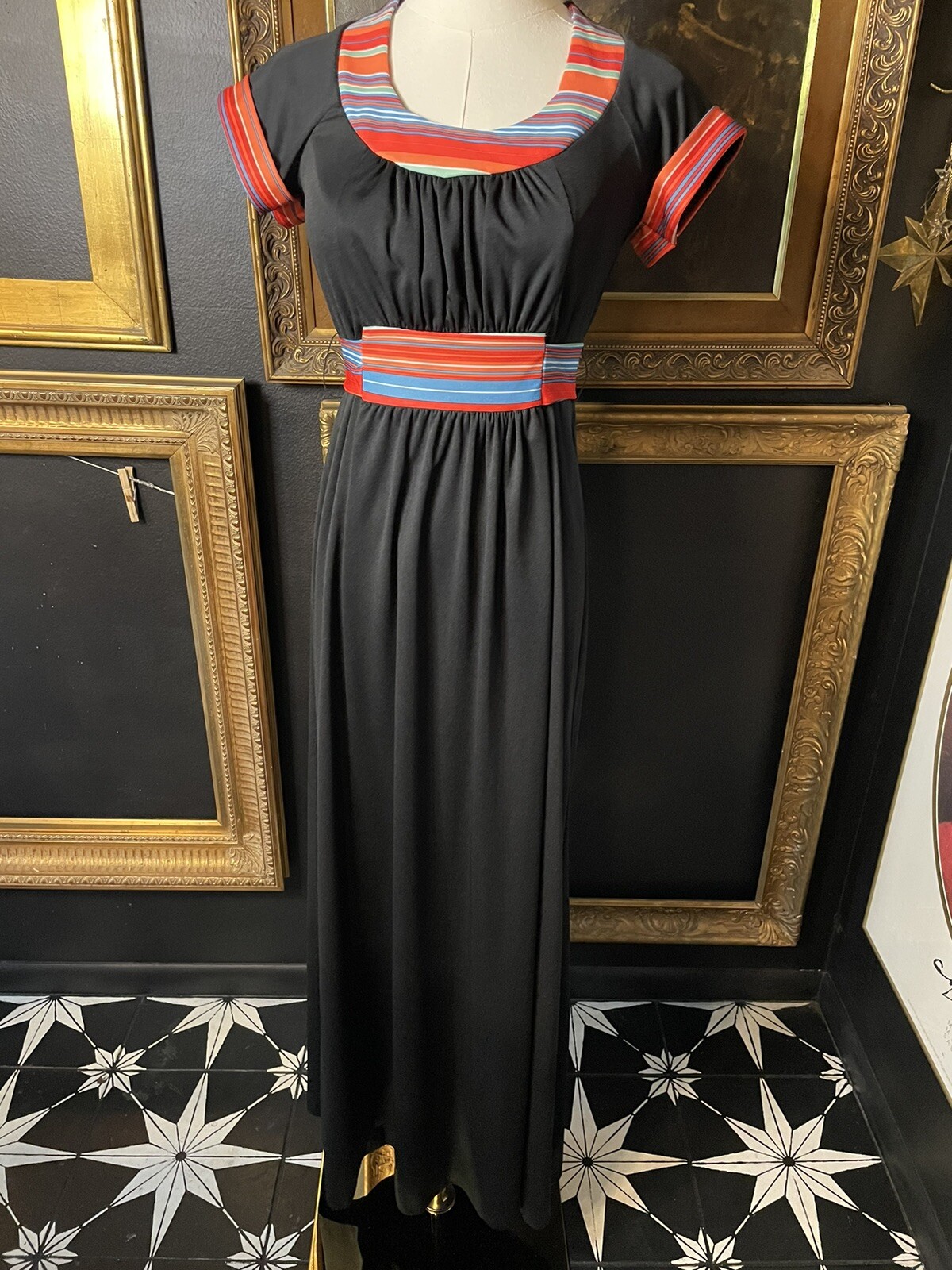 Vintage 70s Paper Moon Black Rainbow Maxi Dress XS S