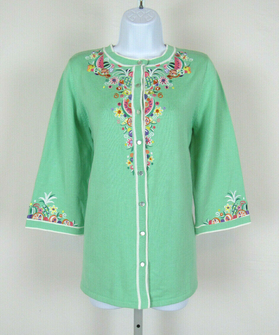 VTG 1990s BOB MACKIE WEARABLE ART MED TOP EMBROIDERY FRUIT FLOWER COTTON ACRYLIC