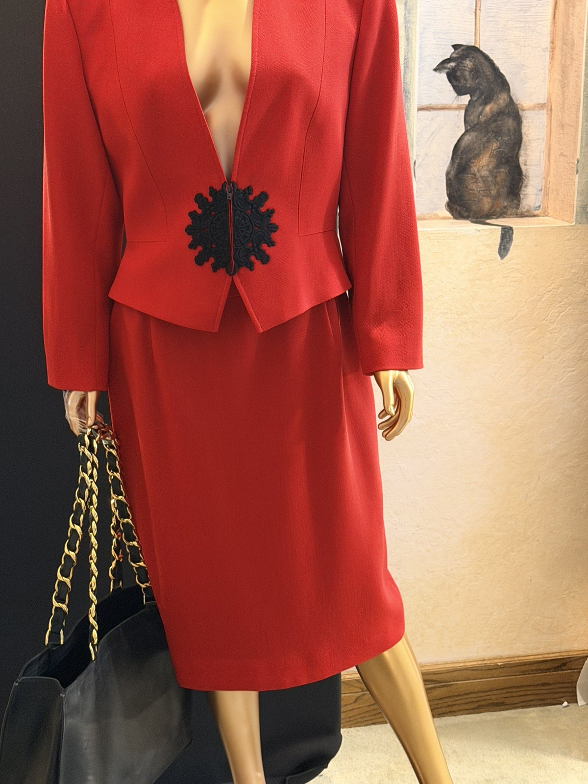 🔥Vintage Valentino Miss V Red Wool Skirt Suit Set Cropped Jacket Italy IT 48