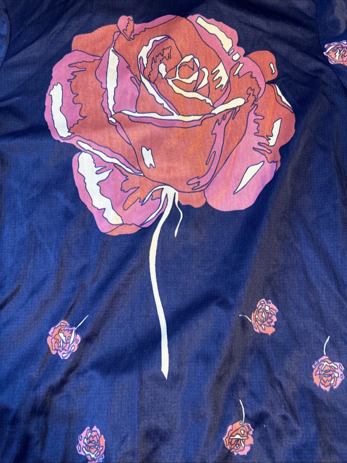 Vtg 70s Langtry Ltd blouse Bodysuit Navy Rose 1/3 Button Rocker tattoo art boho