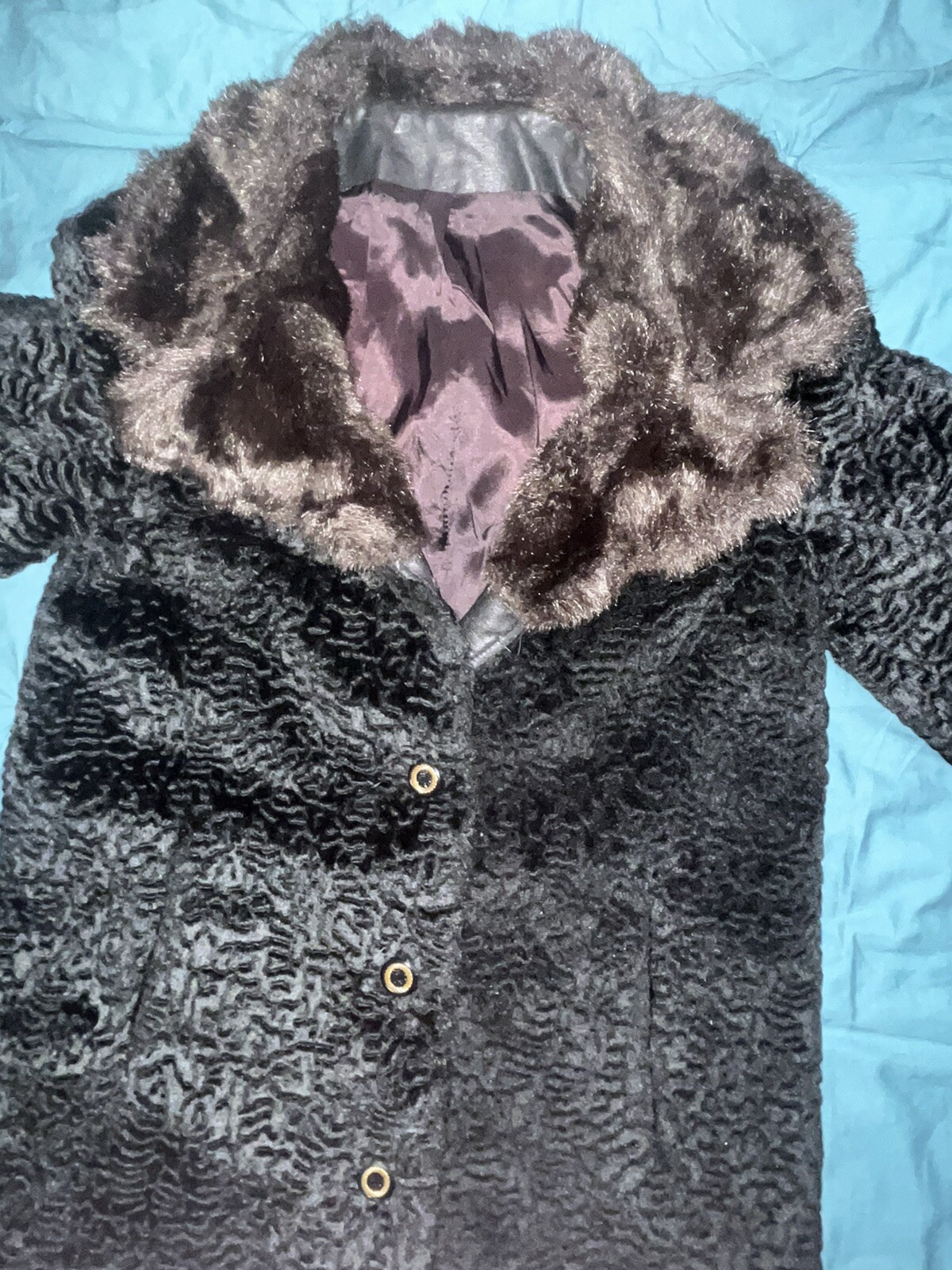 Vintage Coat Penny Lane Embossed Black Velvet &Brown Faux Fur 60s/70s Size L/XL