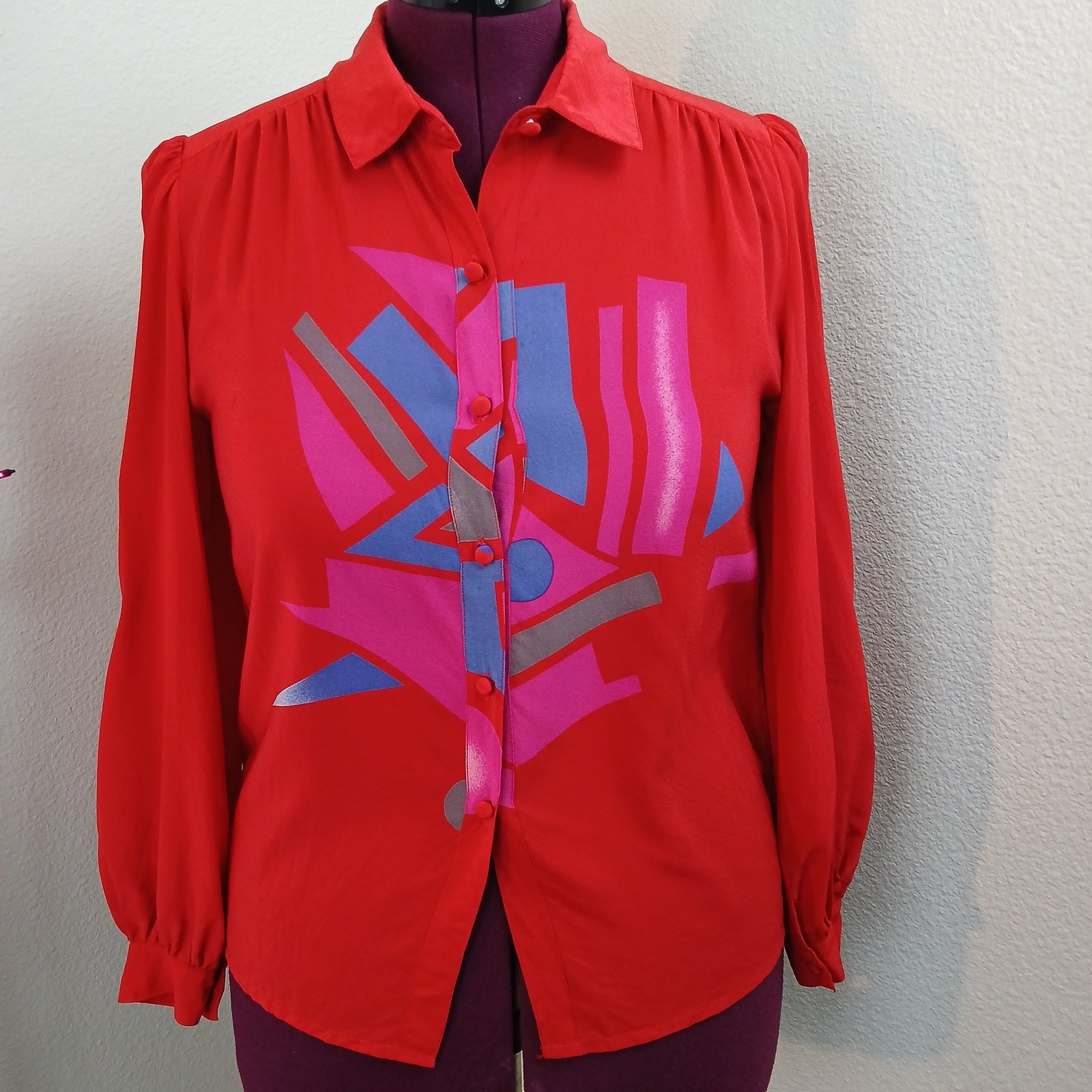 Mary McFadden Vintage 80s Red Silk Blouse 12 stains long sleeve collared buttons