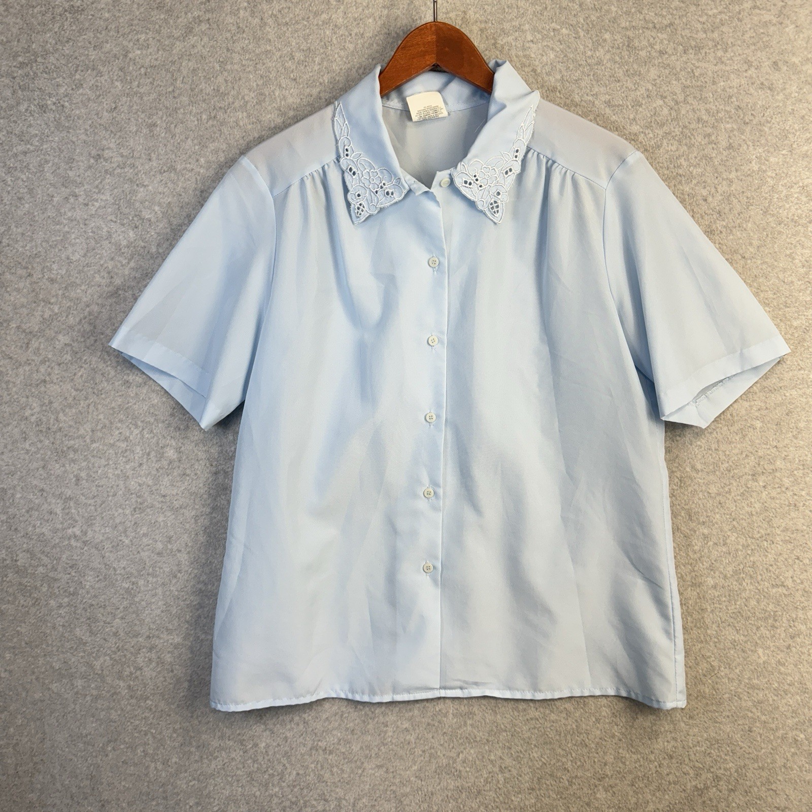 VTG Nikki Size 14 Light Blue Short Sleeve Blouse Eyelet Lace Collar Made in USA