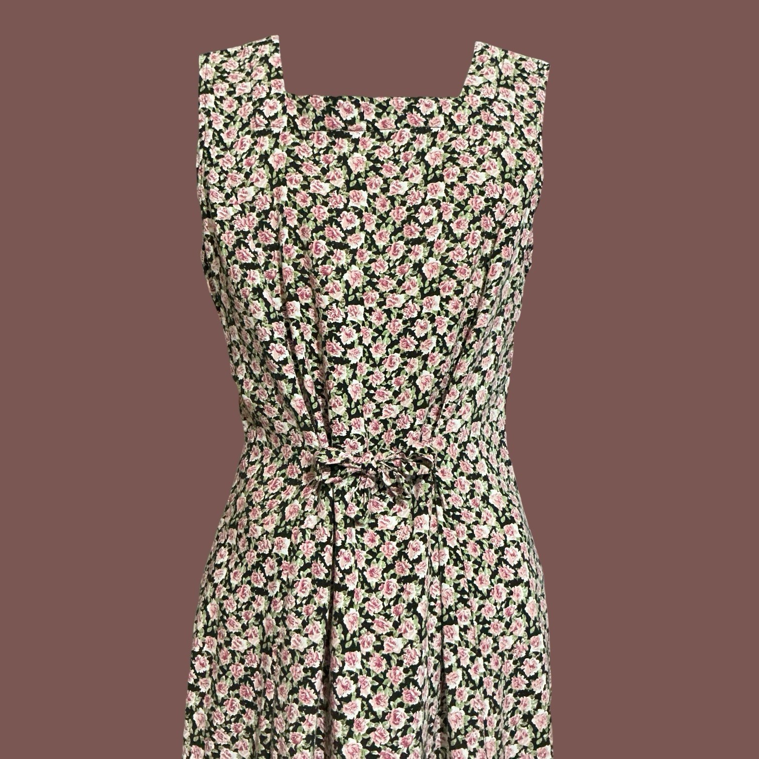 Vintage 90s Somerset Black Pink Rose Rayon Midi Dress Square Neck