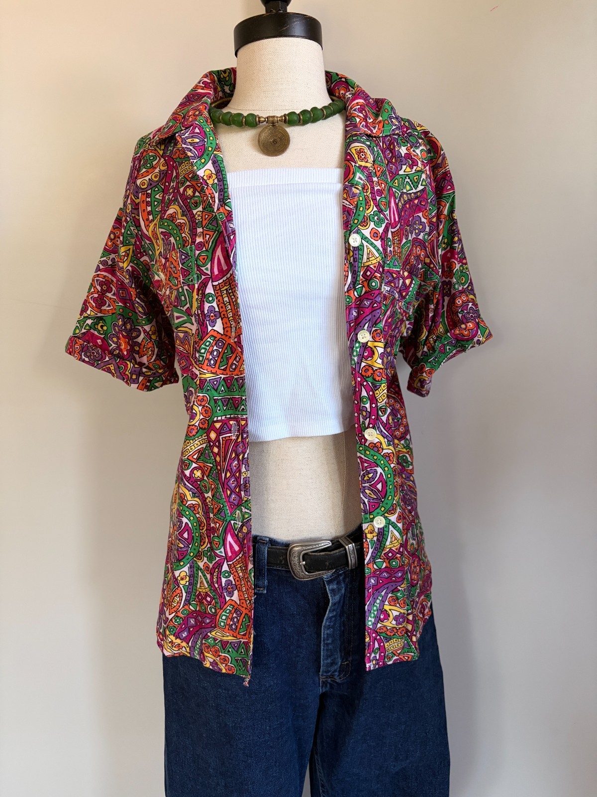 Vintage 1970s Da Rue California Tropical Abstract Button Up Shirt Made USA Cotto