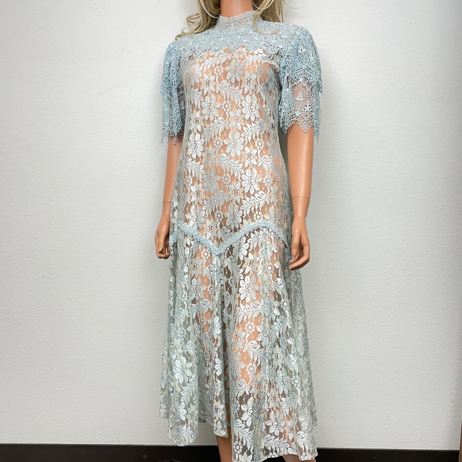 Vintage 70’s Ricki Lang for Nuit Pale Blue Lace Dress Romantic Sz S USA