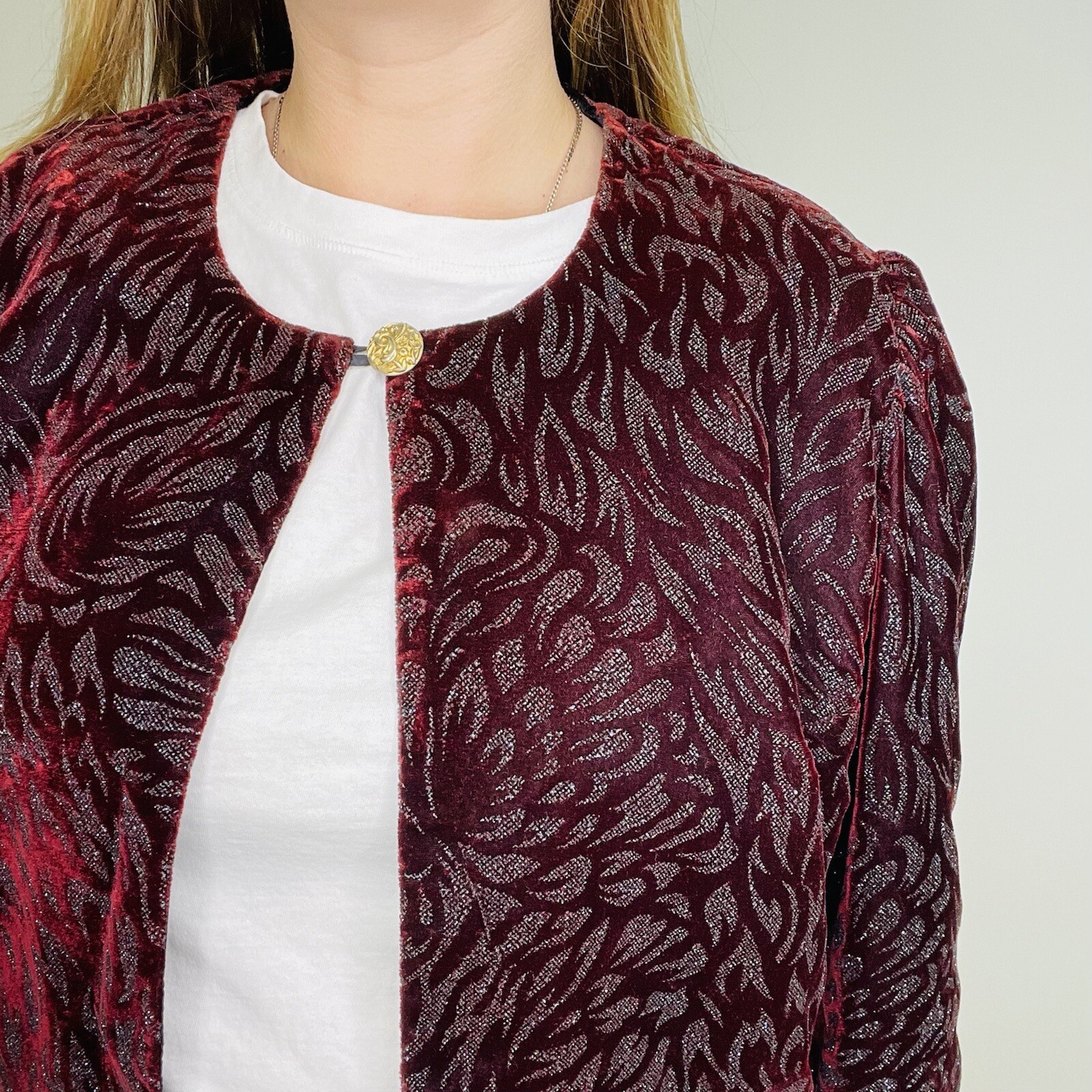 Vintage 80s 90s Velvet Encrusted Embossed Bling Sparkle One Button Cardigan L/XL