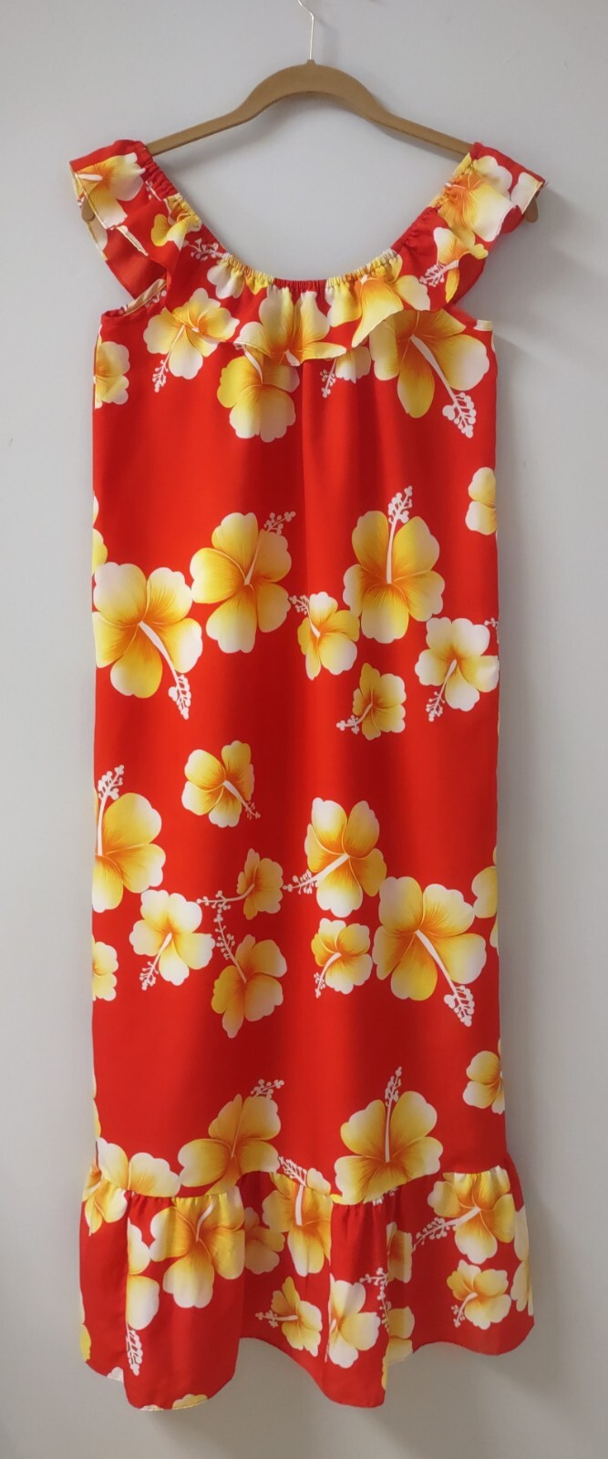 Vintage POMARE Red Yellow Hawaiian Flower Ruffle Dress XS