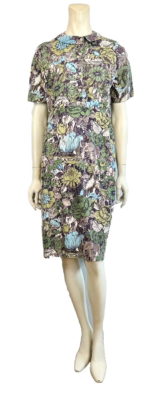 vintage 50’s 60’s floral dress short sleeve, buttons from waist up cotton med/lg