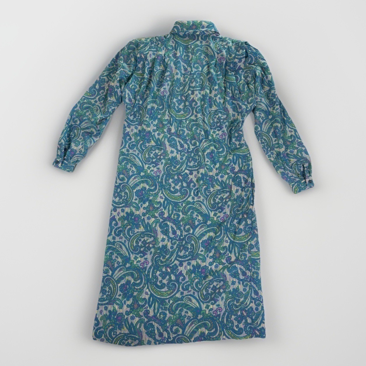Schrader Vintage Paisley Midi Shirt Dress 8 Blue Green Pockets Button Front 80s