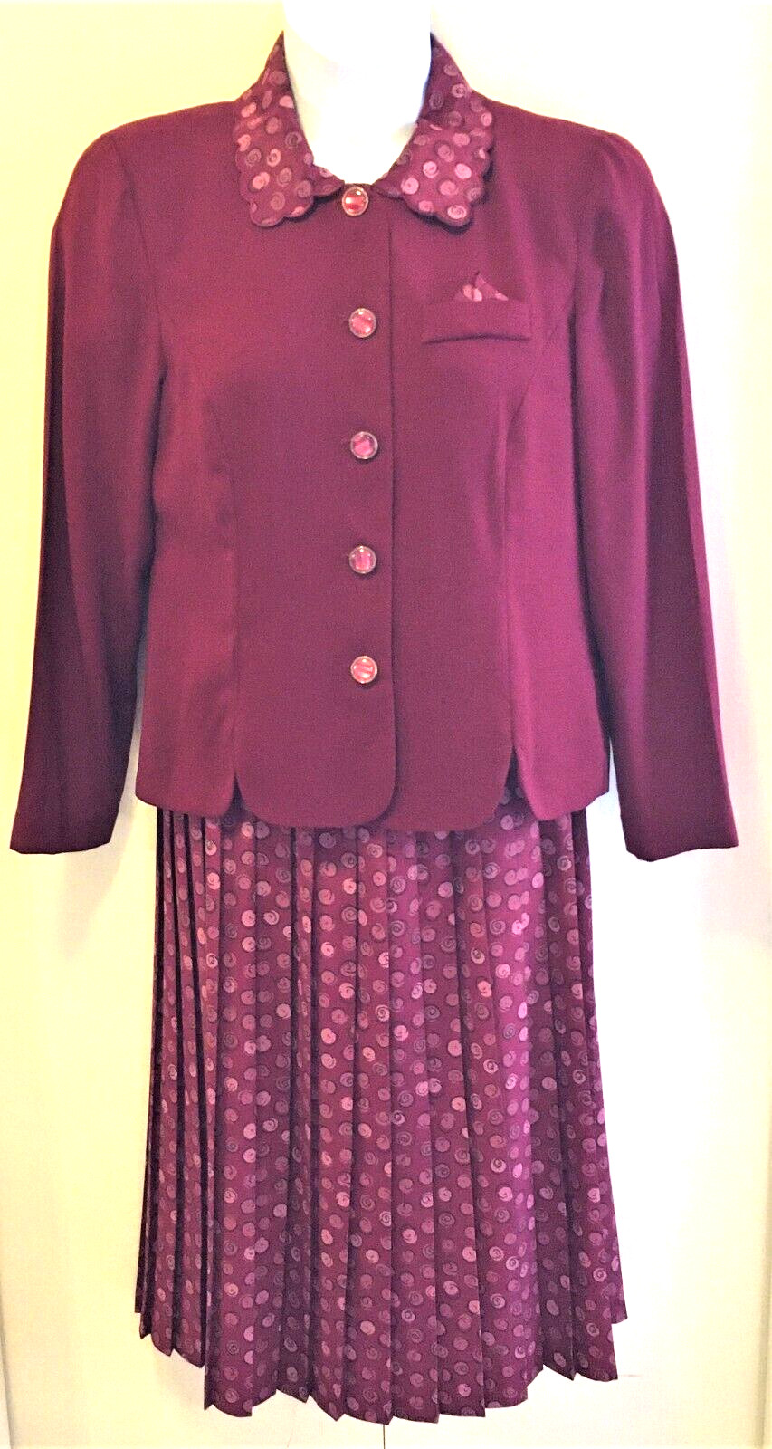 Leslie Fay Belted Midi Dress & Jacket Set Size 10 Burgundy Polyester Vintage EUC