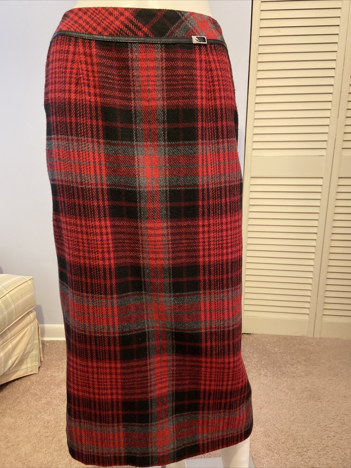Worthington Vtg Classic Pencil Skirt Red Plaid Buckle Kick Pleat EUC Sz 4P