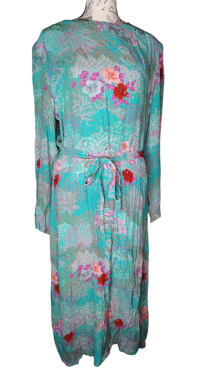 Vtg. Jane Schaffhausen Belle France Dress Size 12, Teal Flower ILGWU Union Made