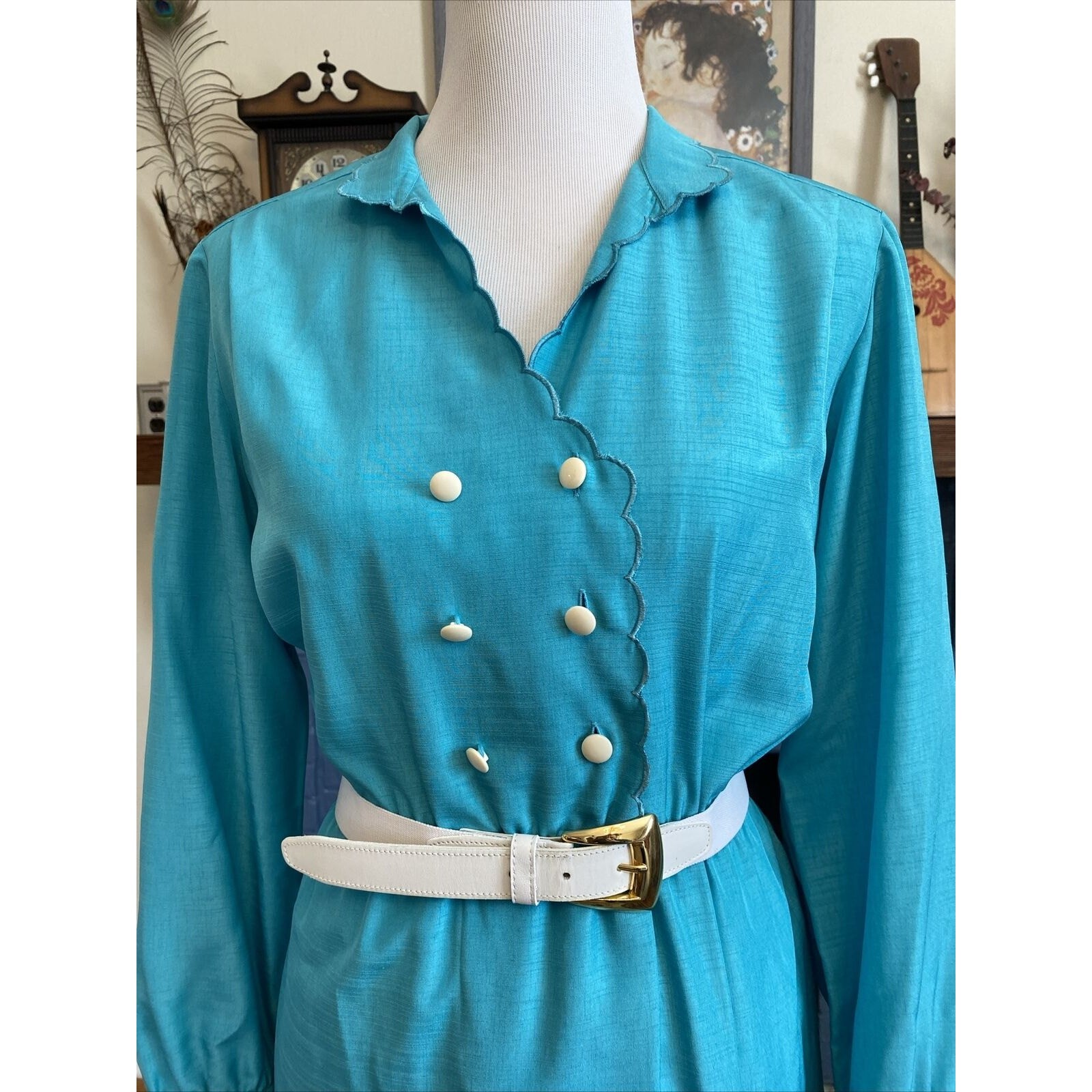 Vintage Schrader Sport Turquoise New York Belted Shirt Dress Size 8 S/M 80s