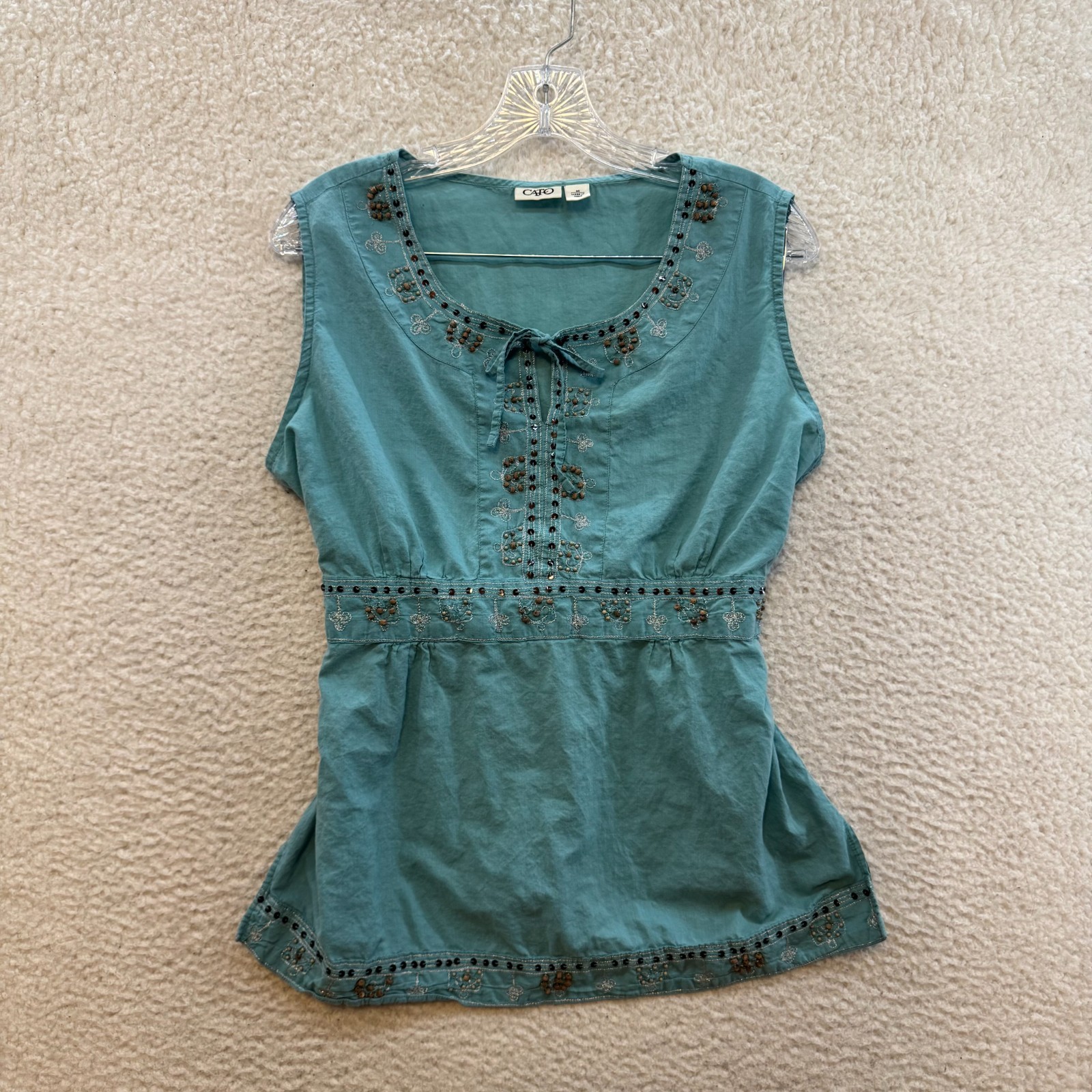 Y2K Vintage Cato Top Shirt Medium Large Blue Beaded Sequin Embroidered Bohemian