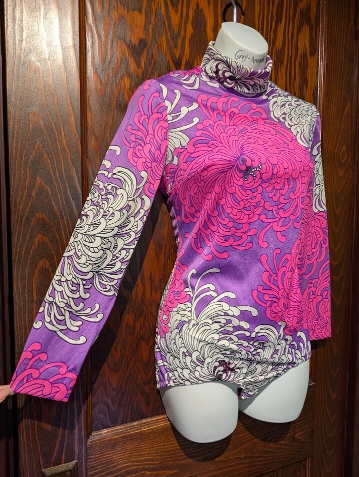 VTG 60S/70S BODYSUIT S leotard onepiece top purple pink crysanthemum mod gogo 4E