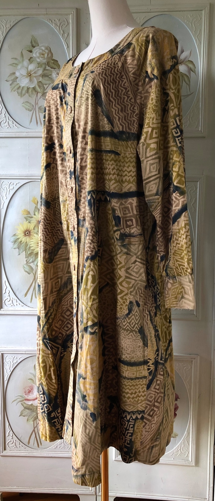 VTG BARBARA McCAINE ASHANTI COTTON DRESS SLEEVE TAN BROWN BLACK TIKI PRINT S EUC
