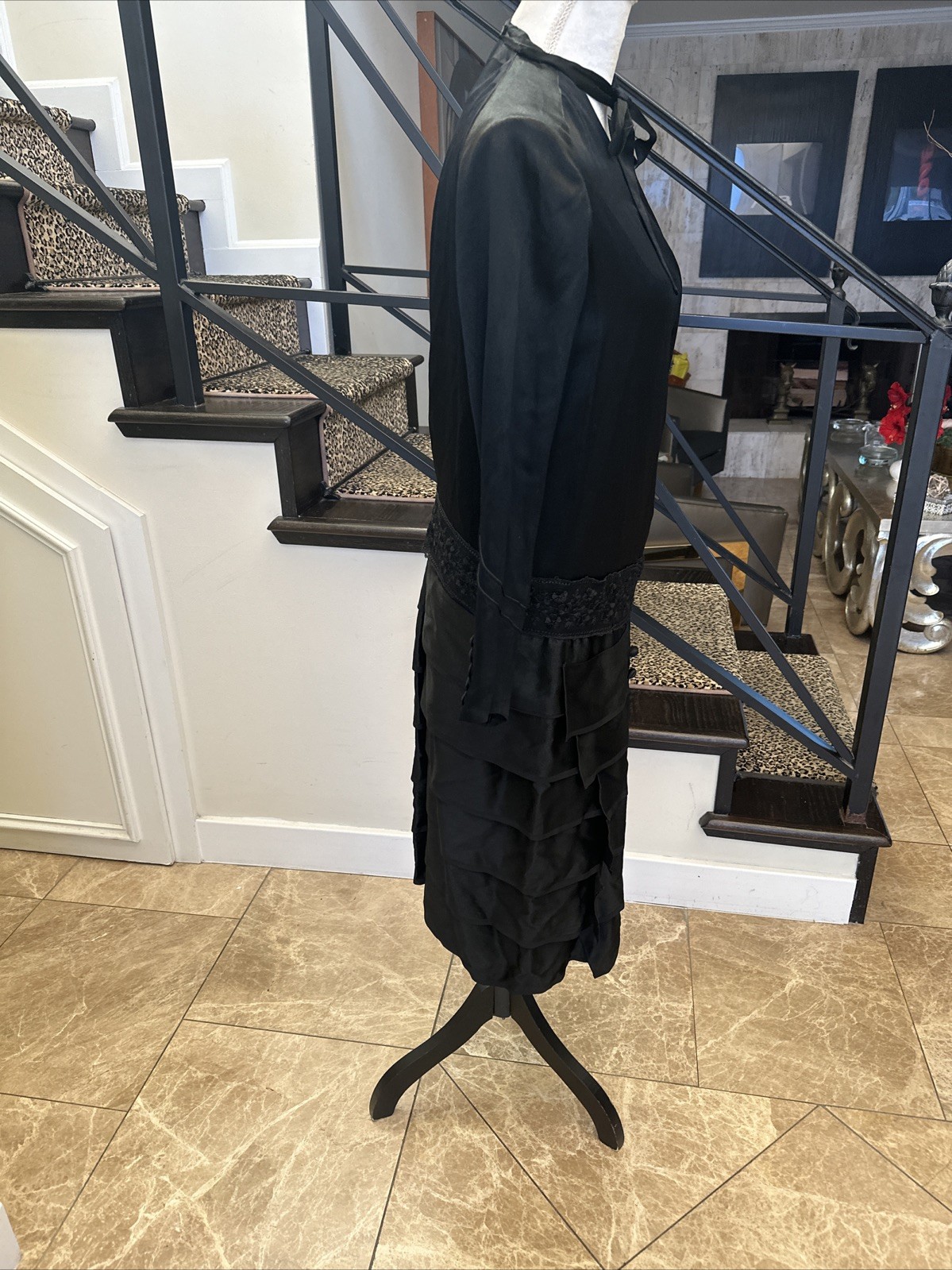 Vintage 1920s Black Satin Tiered Drop Waist Pussy Bow Lace & Embroidered Dress