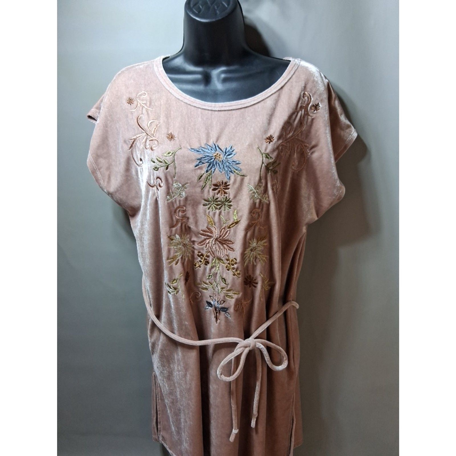 Mystree Rose Gold Crushed Velvet Floral Embroidered Boho Tunic Mini Dress M