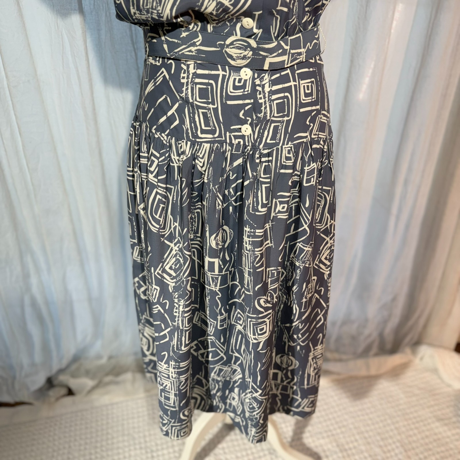 Vtg 80s Abstract Drop Waist Dress RAYON Belted LACE Ed Michaels 6 Preppy NewWave