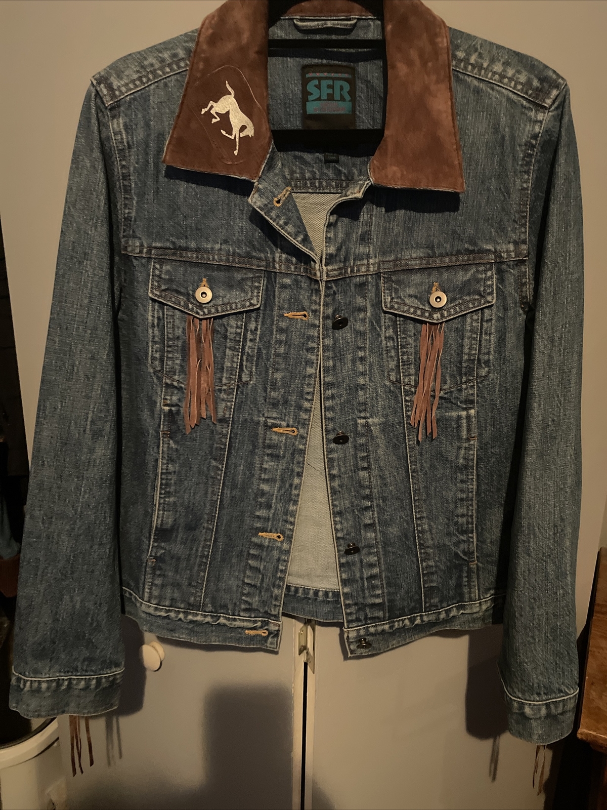 Vintage SFR Santa Fe ReCreations Denim & Leather Jean Jacket Women’s Size Medium