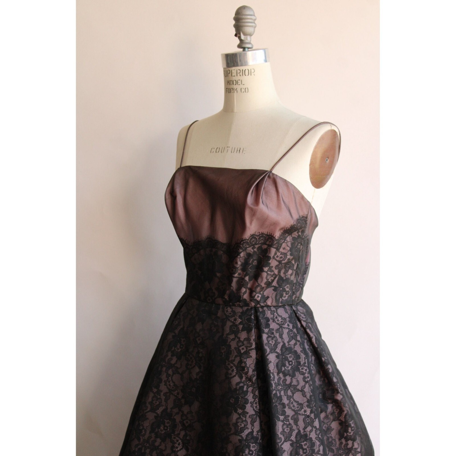 Vintage 1950s Dress, I Magnin Black and Pink Lace Fit and Flare, Extra Small