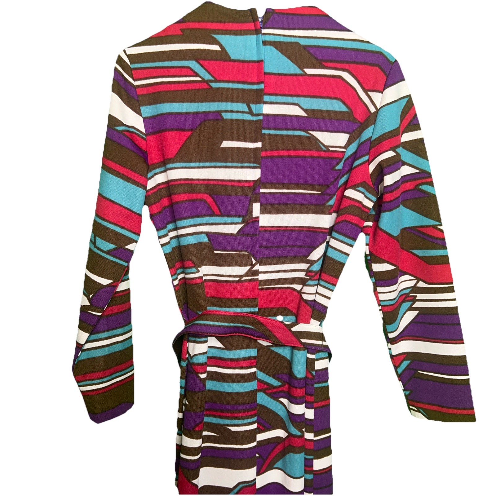 VTG 70’s Brown, teal, white and purple Sleeve Dress M/L Zip Front Midi