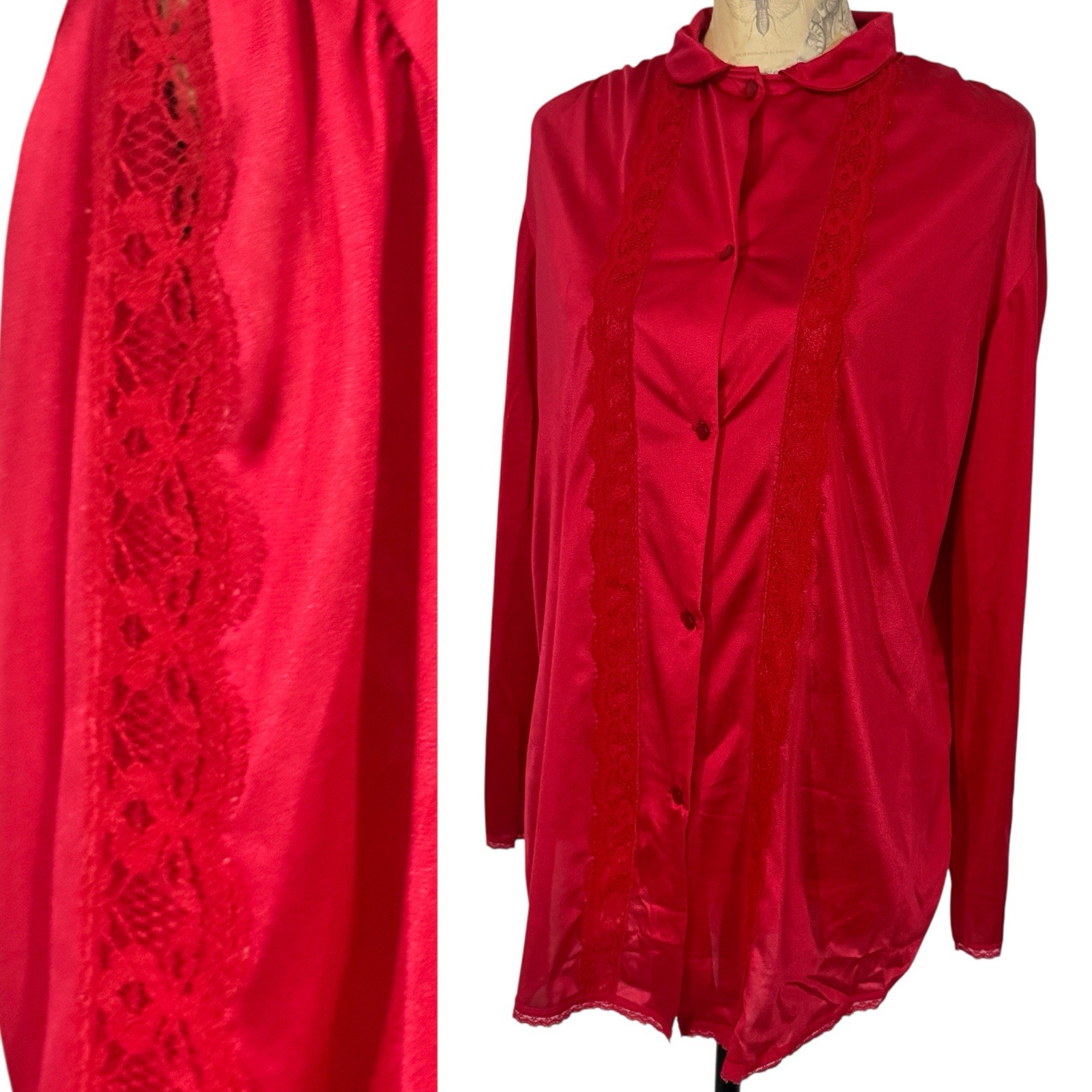 VTG NANCY KING Lingerie Bed Jacket Blouse Sz M Red Lace Peter Pan Collar Sleeves