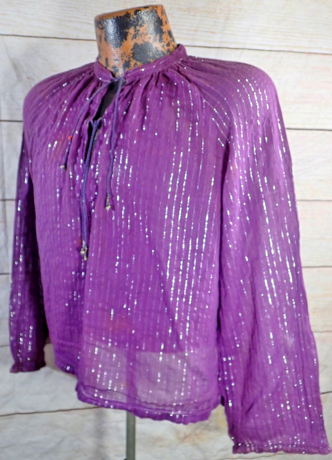 Vtg 70s Indian Cotton Gauze Blouse Purple Silver Metallic Lurex Boho Peasant Top