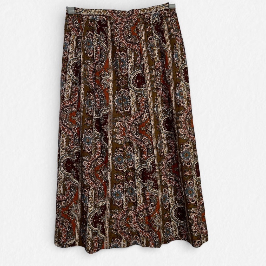 Vintage Feelin Jazzie Paisley Midi Skirt Brown Rust ILGWU USA 26″ Size 14 Boho