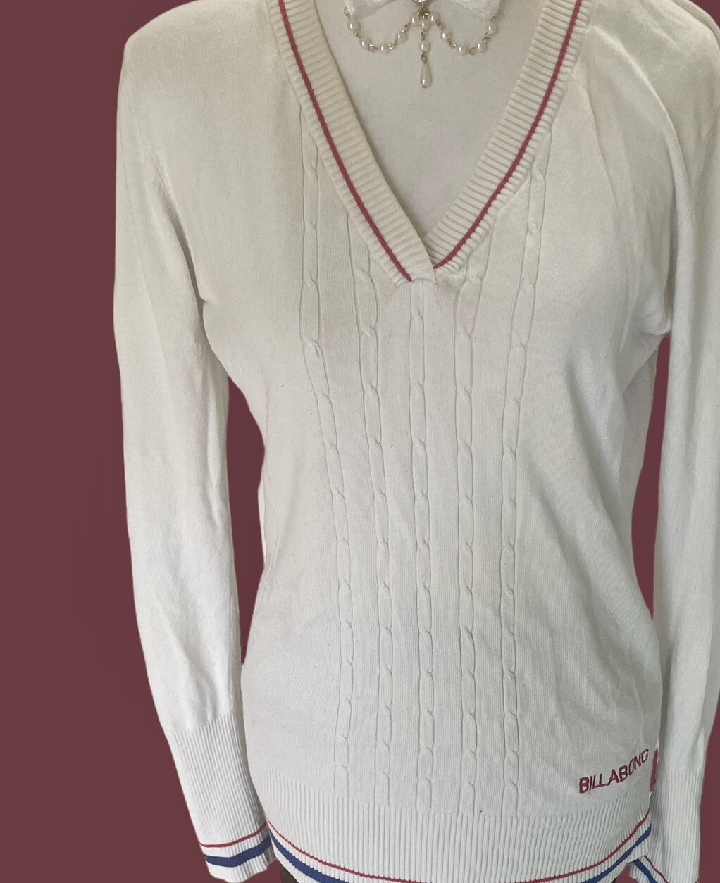 Vintage Cricket Sweater BILLABONG V Neck Long Sleeve Preppy Tennis White Polo L