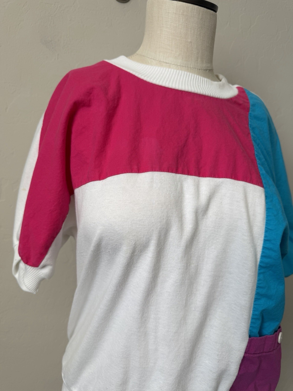 Women’s Vtg 80s Party Color Block Shirt Medium White Teal Pink Purple Costume